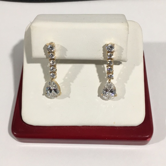 10k Yellow Gold Dangling CZ Earrings Push Backs - Picture 3 of 4